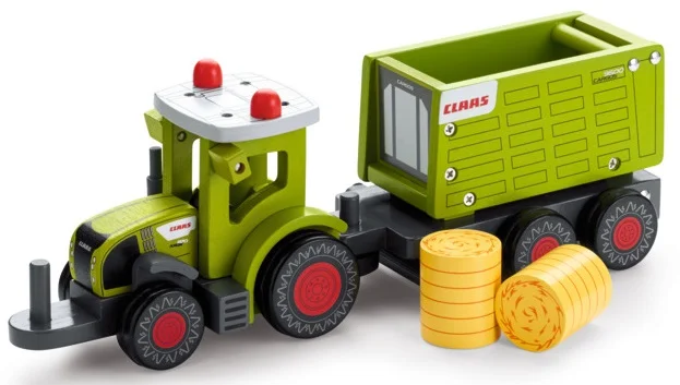 Set de juguete artesanal de madera CLAAS compuesto por tractor AXION 870 y remolque CARGOS 9500. Juguete ecológico de alta calidad con ruedas funcionales y diseño oficial.