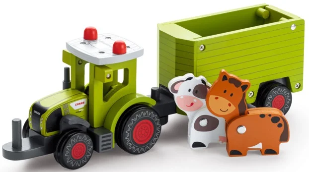 Juguete educativo de madera CLAAS con tractor AXION 870, remolque de transporte y figuras de animales de granja. Fabricado en madera sostenible, ideal para el desarrollo motriz de niños pequeños.