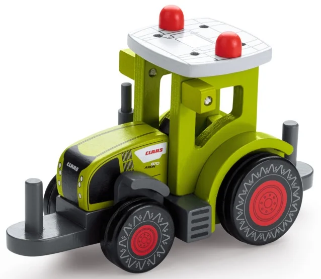 Réplica artesanal en madera del tractor CLAAS AXION 870. Juguete ecológico de alta calidad con ruedas móviles y diseño oficial CLAAS. Ideal para decoración o regalo infantil sostenible.