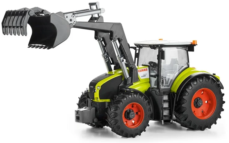 Réplica detallada a escala 1/16 del tractor CLAAS AXION 950 equipado con cargador frontal funcional. Juguete técnico de alta calidad con cabina acristalada, puertas que se abren y dirección orientable.