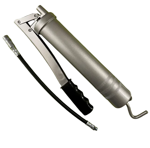 Bomba de engrase manual original de la marca CLAAS para el mantenimiento de maquinaria agrícola. Diseño ergonómico de alta presión con boquilla flexible.