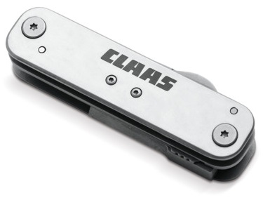 Multiherramienta original CLAAS de acero inoxidable con hoja grande bloqueable. Incluye llaves hexagonales de 13mm y 8mm con mecanismo de seguridad a 90° y 180°, ojal plegable y grabado láser oficial.