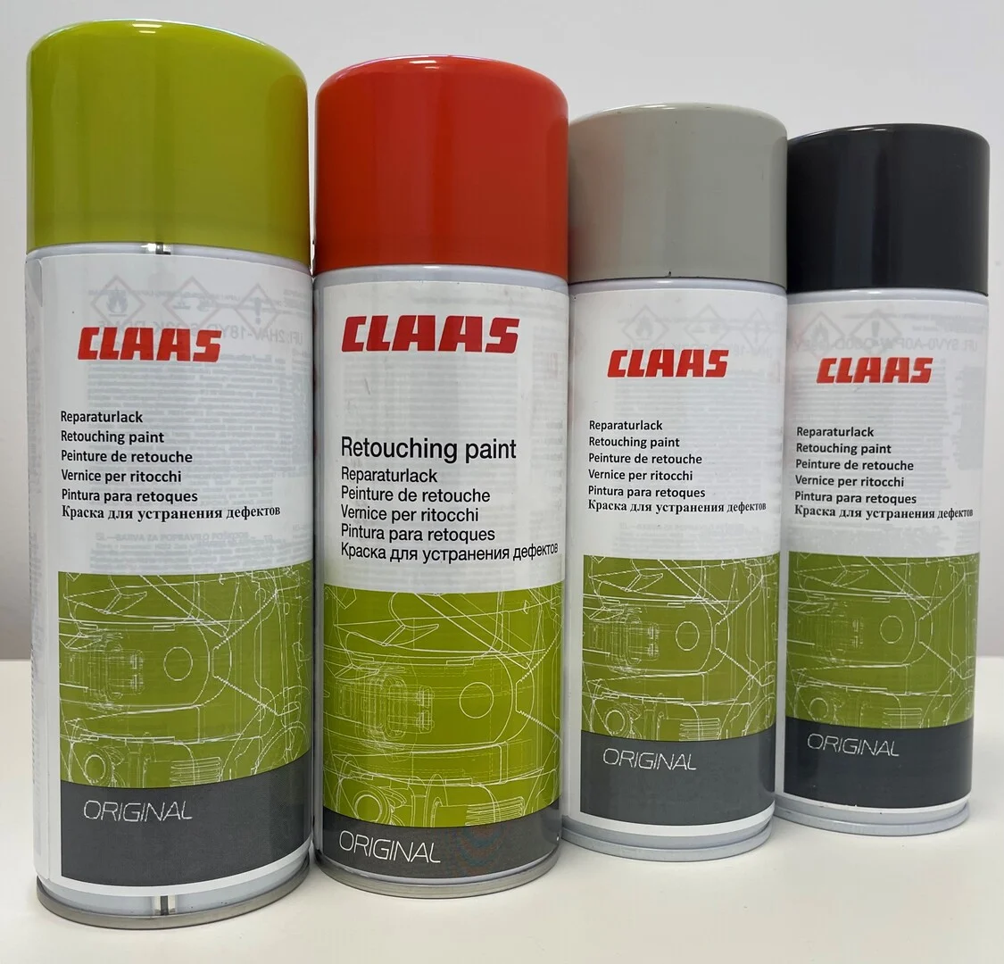 Bote de pintura en aerosol original de la marca CLAAS. Ideal para el mantenimiento estético y protección contra la corrosión en tractores y cosechadoras.