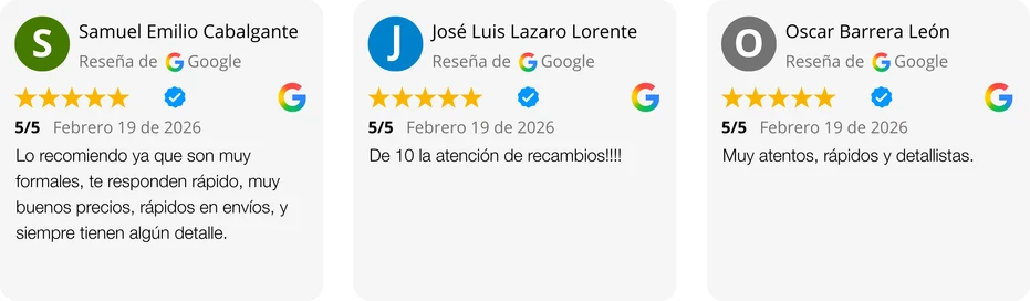 Reseña de 5 estrellas en Google: excelente atención en recambios para toda España