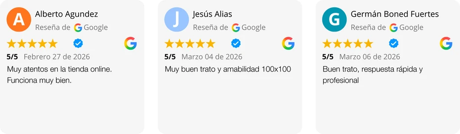 Reseña de 5 estrellas en Google: Muy atentos en la tienda online, funciona muy bien para toda España